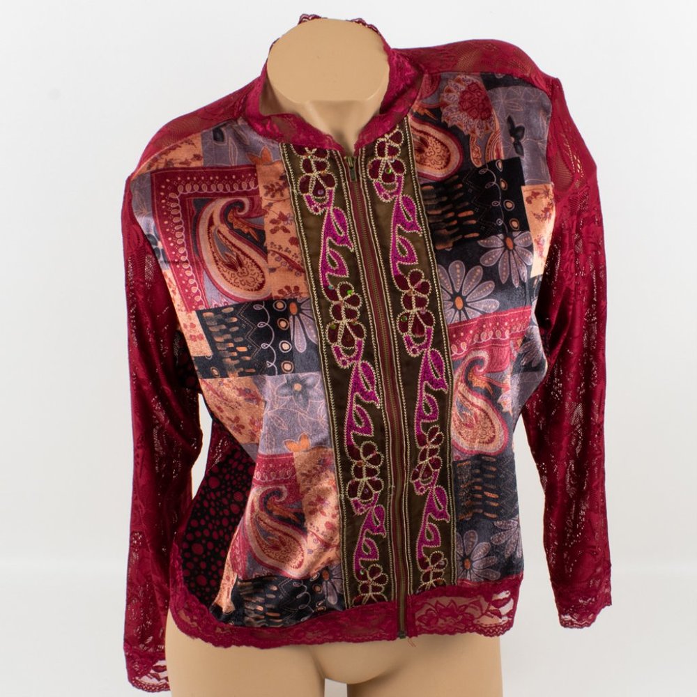Piano Multicolor Red Velvet and Lace Long Sleeves Sweatshirt size XL